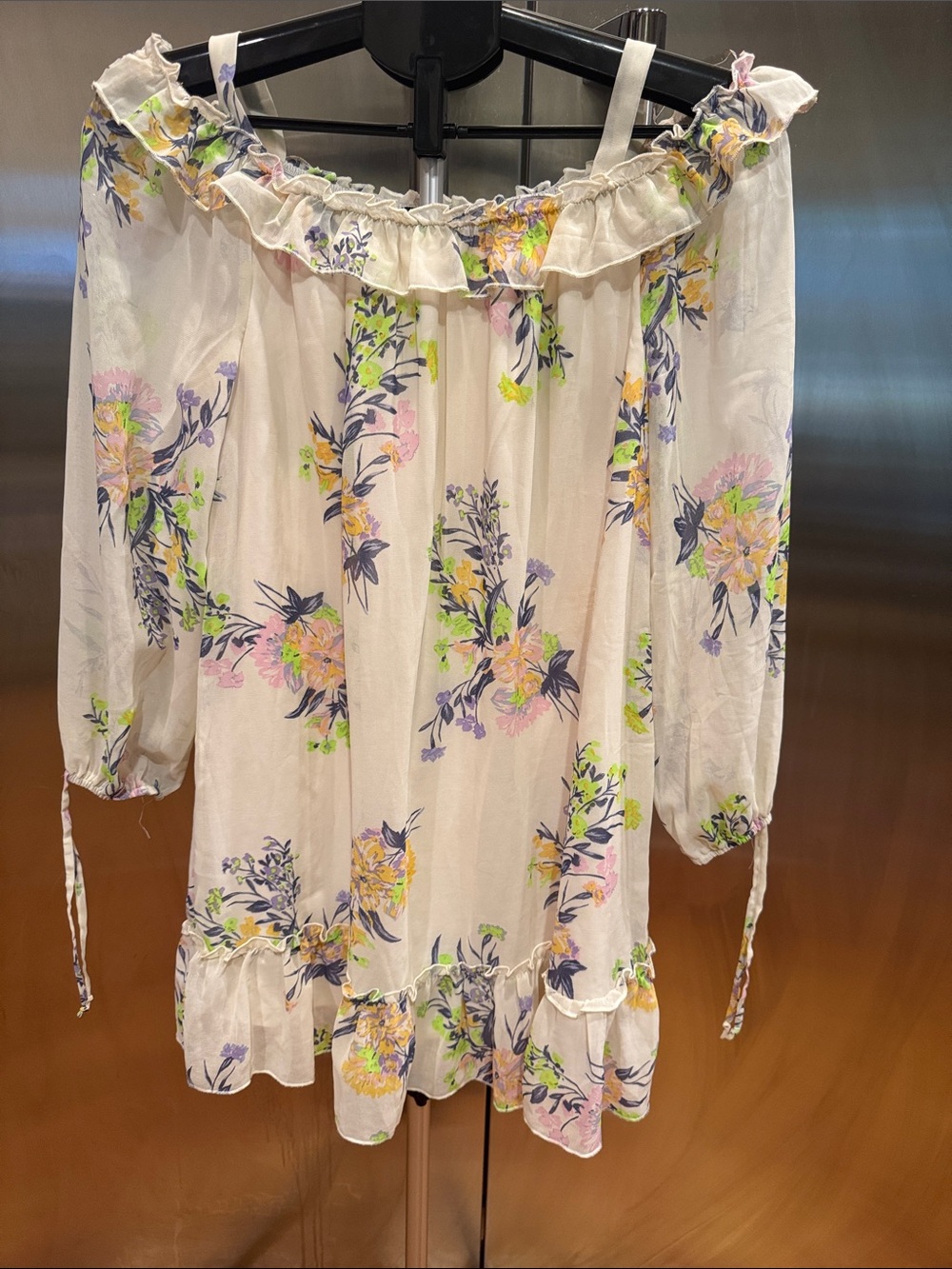 As U Wish White Off-Shoulder Floral Tunic with Pastel Pink, Yellow & Green Print
